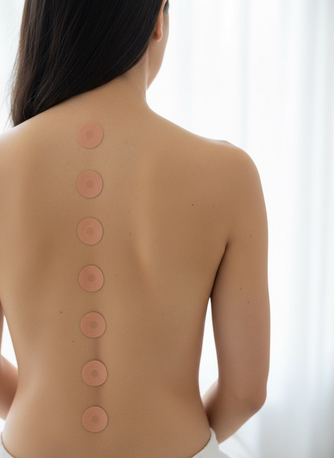 Woman with magnetic acupuncture patches on her back against a white background