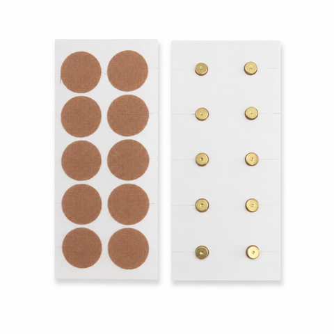 Two sheets of adhesive patches, one brown and one gold, on a white background.