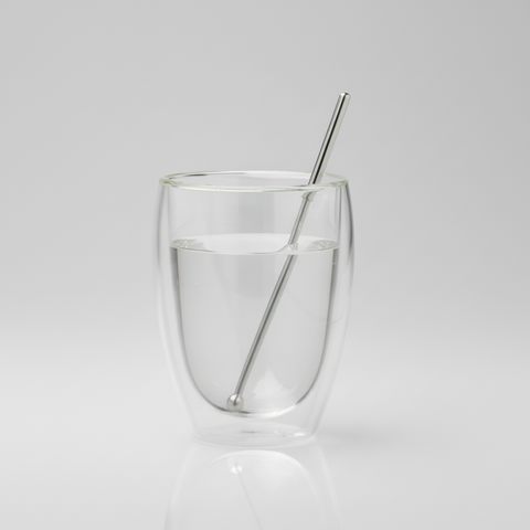 Clear glass with a Magnetic pencil on a light gray background