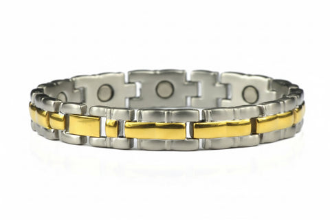 A two-tone metal link bracelet featuring silver and gold-colored rectangular and circular links, shown against a plain white background.