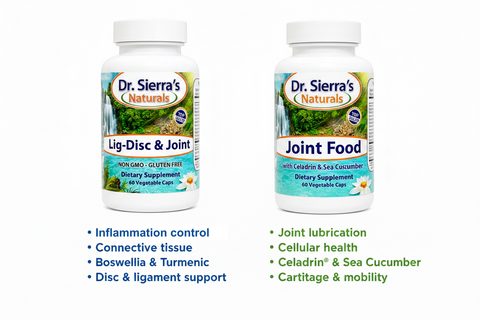 Dr. Sierra's Naturals dietary supplements, Lig-Disc & Joint and Joint Food, displayed side-by-side with bullet points of benefits in blue and green text below each bottle on a white background.