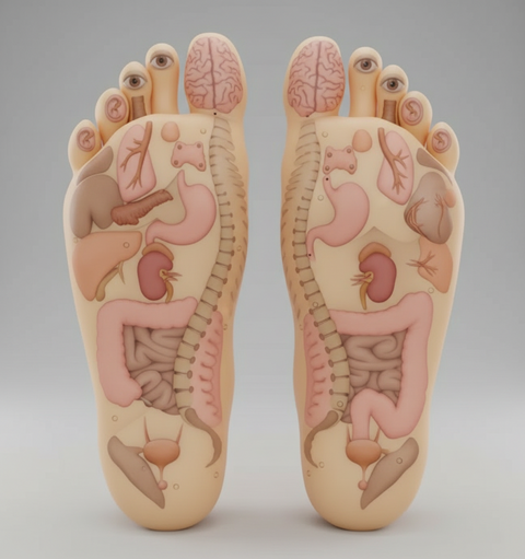 Diagram of foot reflexology on a red background