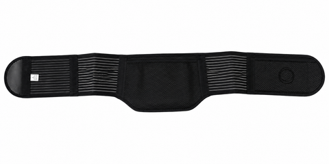 A black athletic waist wrap or support belt with textured elastic panels and a central padded section, shown flat against a white background.