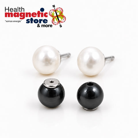 Pearl earrings with black magnetic beads on a white background, branded 'Health Magnetic Store & More'.
