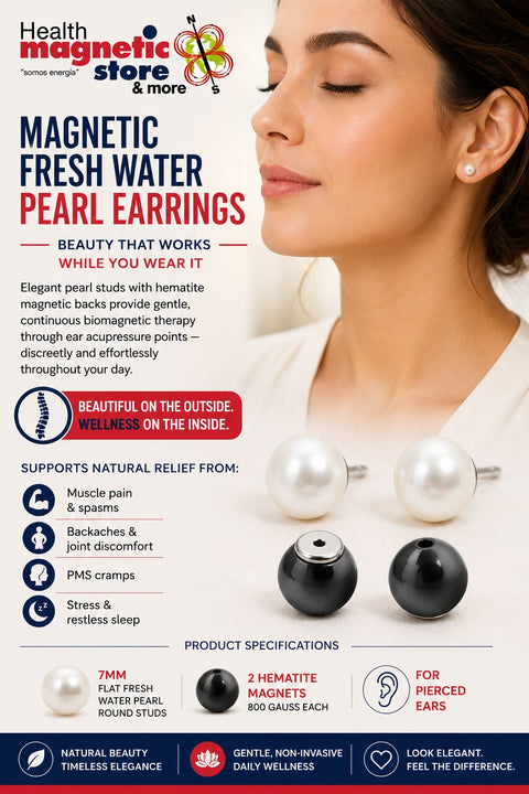 Advertisement for magnetic fresh water pearl earrings with a woman wearing them, highlighting health benefits.