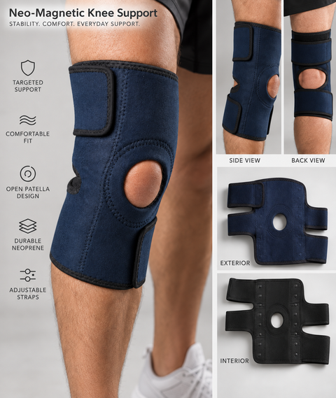 Neo-magnetic knee support brace shown on a person's knee, with inset views of the product from side, back, exterior, and interior, plus feature callouts on a light gray background.