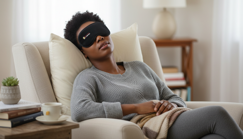 Woman wearing the Premium magnetic eye mask while taking a nap in a cozy living room setting