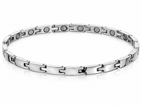 A silver-toned magnetic therapy link Necklace with polished and brushed metal segments, displayed on a clean white background.