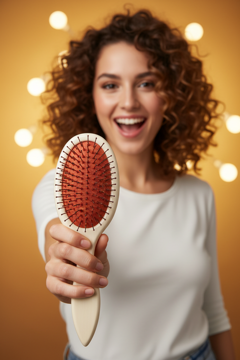 Beach Hair Woman Extending Magnetic Brush to Camera