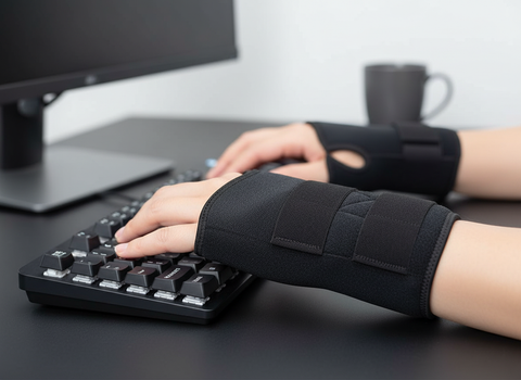 Close-up of hands wearing wrist supports with thumb loops while typing
