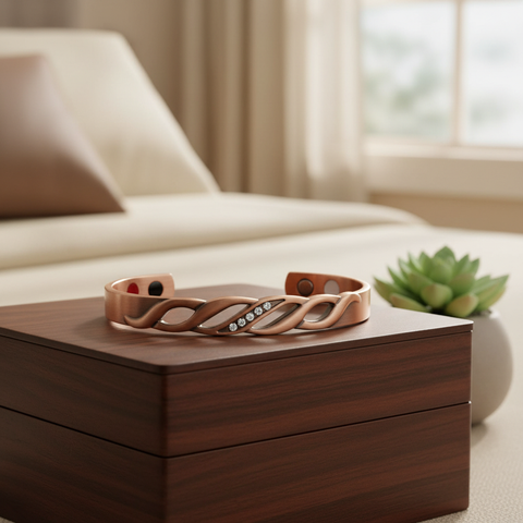 Copper Bracelet with Visible Ions on Jewelry Box