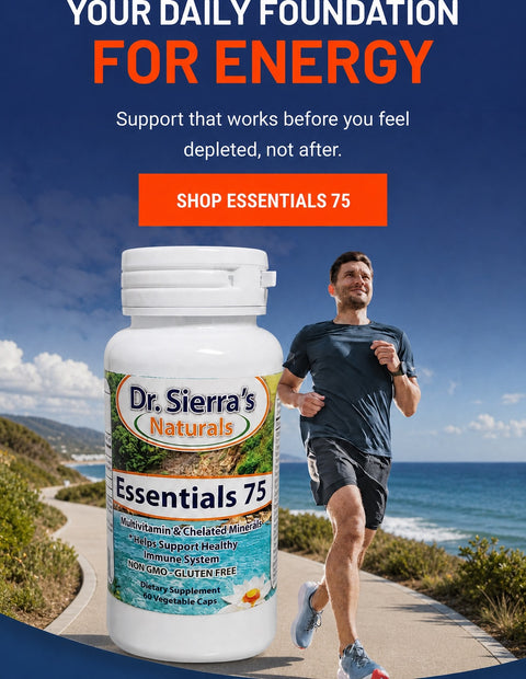 Dr. Sierra's Naturals Essentials 75 overlaid on a beach path scene with a running man, plus large promotional text reading 'YOUR DAILY FOUNDATION FOR ENERGY' and 'SHOP ESSENTIALS 75'.
