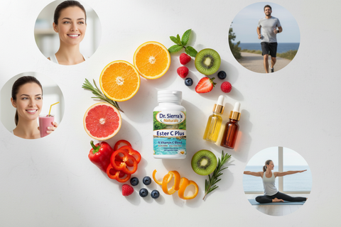 Ester C Plus with vitamin C-rich ingredients and vibrant lifestyle