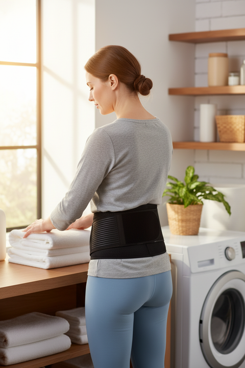 Person Wearing Magnetic Back Belt During House Chores