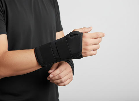 Person wearing magnetic wrist supports on both wrists