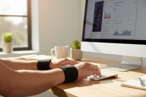 Person working at computer wearing Dr. Sierra magnetic wrist bands