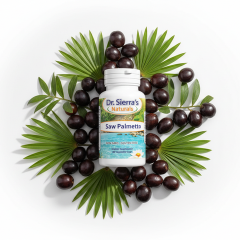 Saw Palmetto bottle with berries and palm fronds