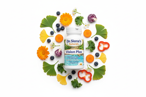 Vision Plus bottle with fresh scattered ingredients