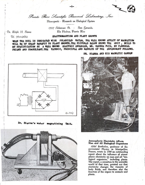 Dr. Sierra's water magnetizing unit and magnetic garden research - Puerto Rico Scientific Research Laboratory