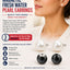 Advertisement for magnetic fresh water pearl earrings with a woman wearing them, highlighting health benefits.