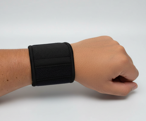 Black wrist support brace on a person's wrist against a light gray background