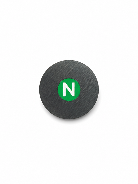 A round, dark gray brushed metal button or badge featuring a green circular center with a white letter 'N', shown on a plain white background.