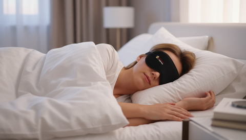 Woman sleeping in bed with the Premium magnetic eye mask on, in a bedroom setting.