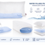 Water-fillable pillow shown in a collage with a white pillow, a blue water-filled section, water droplets, and feature icons for leakproof, safe materials, zippered cover, and machine-washable cover.