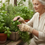 Elderly woman wearing beige magnetic therapy gloves in herb garden