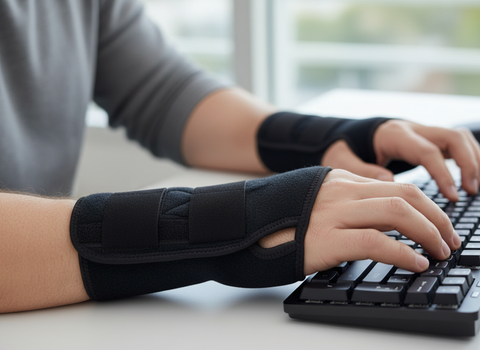 Man wearing wrist supports while typing at computer
