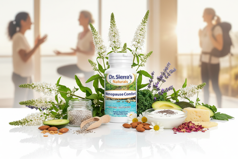 Menopause Comfort with ingredients and confident women's lifestyle