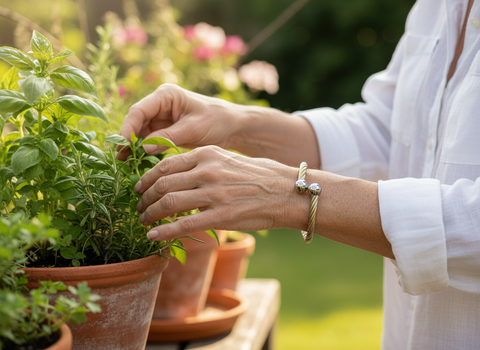 Older woman gardening herbs wearing delicate Ropei bracelet