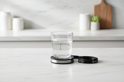 OMI PEMF Medallion with crystal glass of water on marble counter
