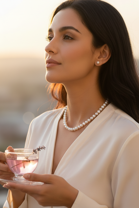 Pearl Necklace White Latina Woman Lavender Tea
