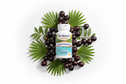 Saw Palmetto bottle with berries and palm fronds